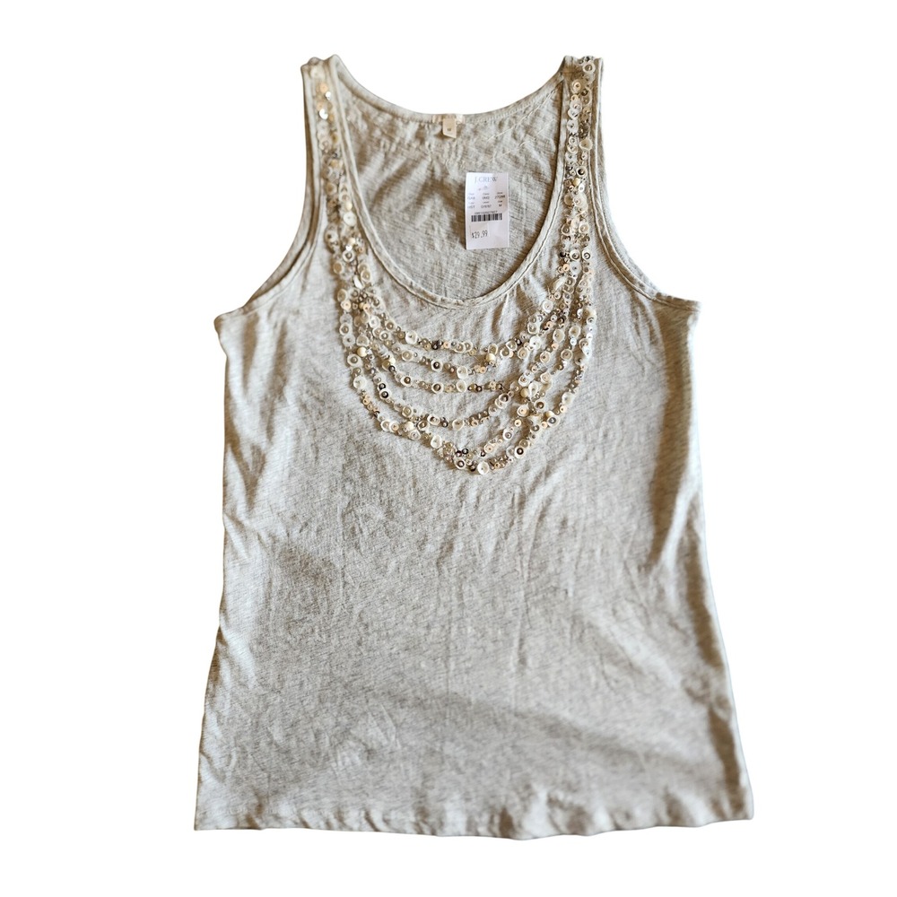 J.Crew Embellished Sequin Beaded Slub Cotton Tank Top Grey M NWT Casual Chic